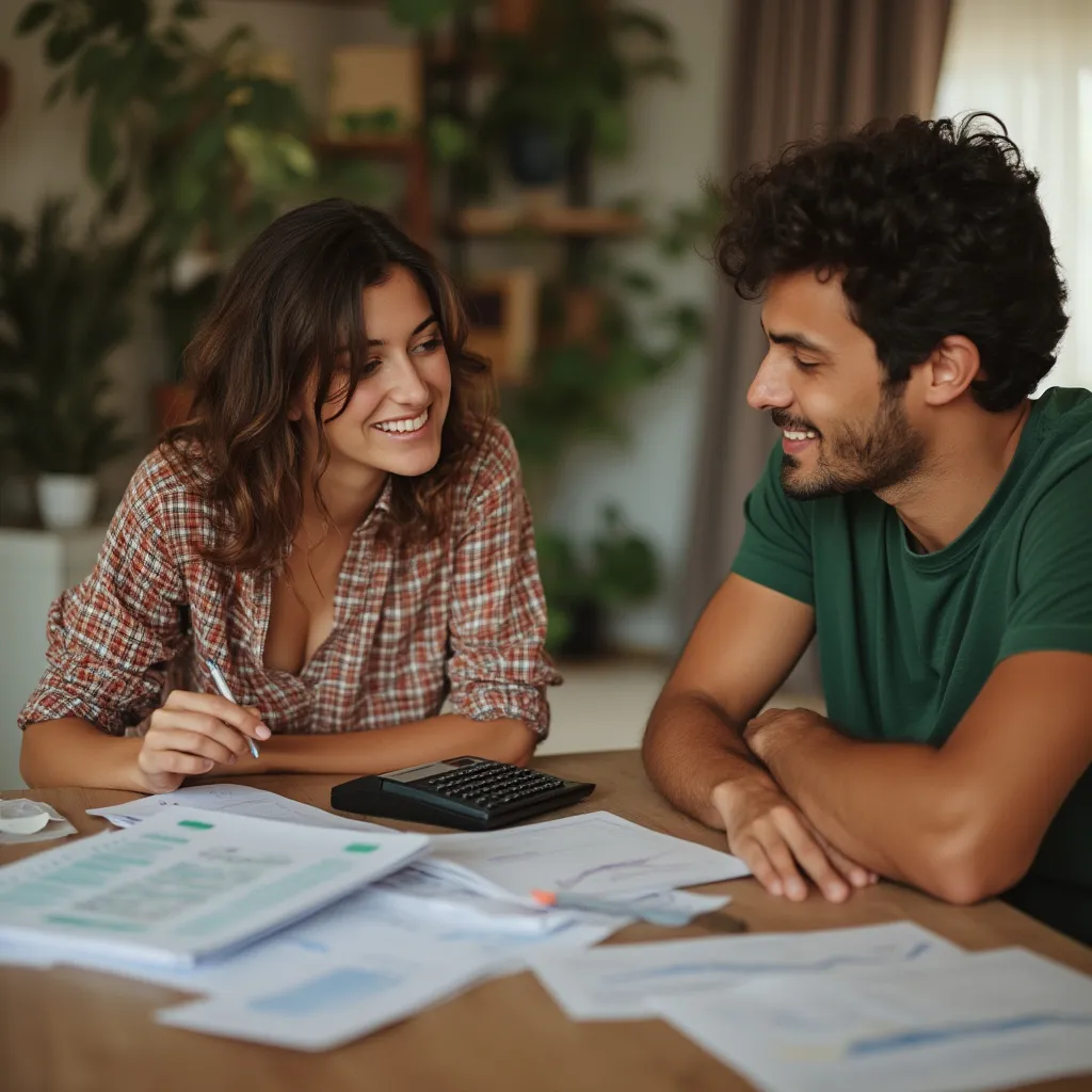 Família conversando sobre finanças na mesa de jantar