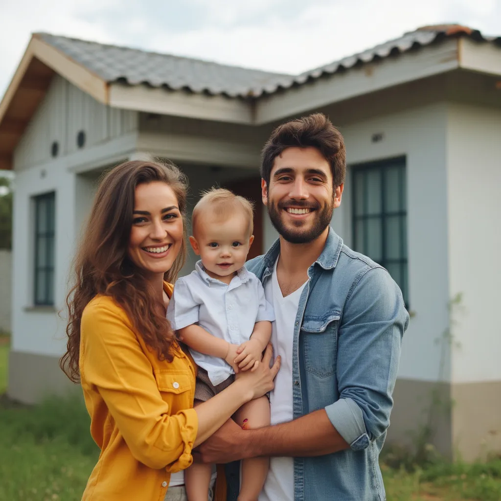 Ana e Pedro com seu bebê, em frente à casa nova