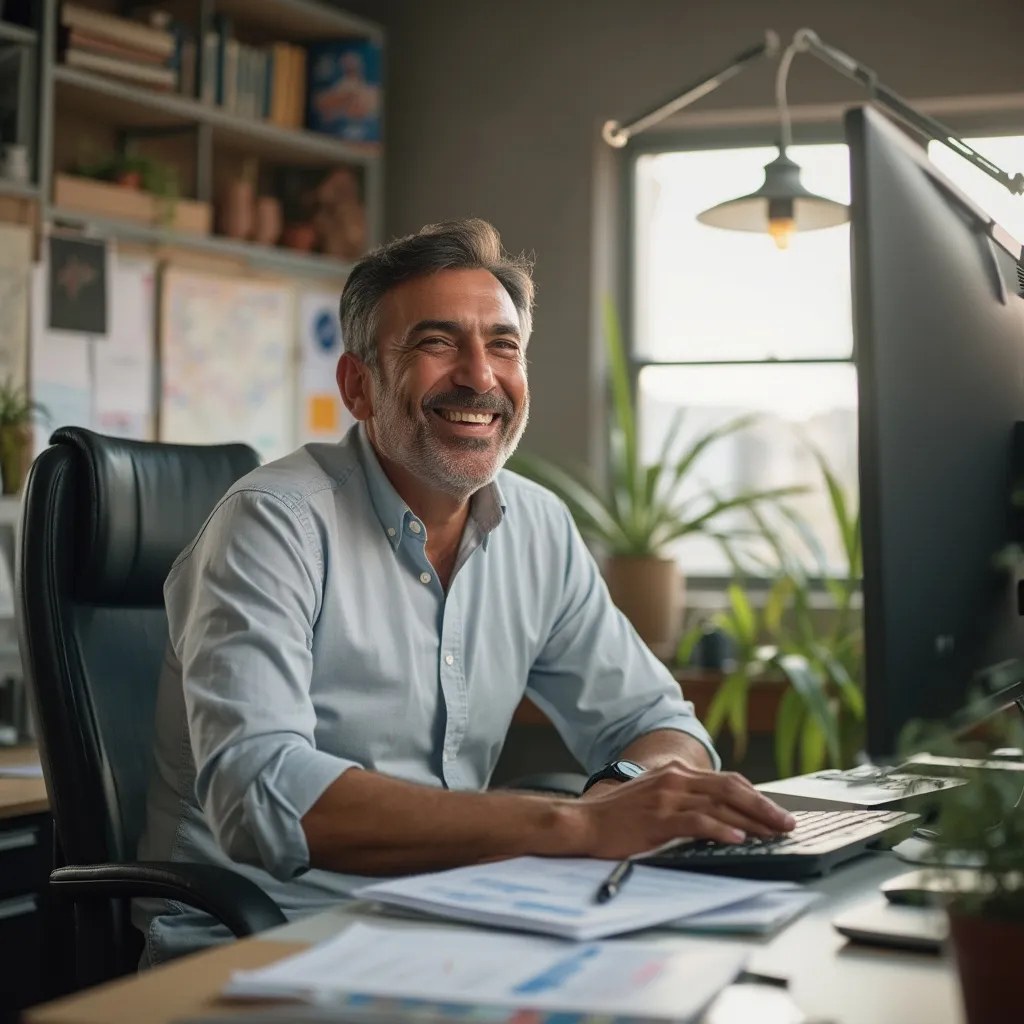 João, empreendedor, em seu novo escritório